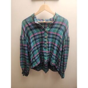 pilcro plaid Button Up Shirt Green Pink Blue Frayed Collar Size S